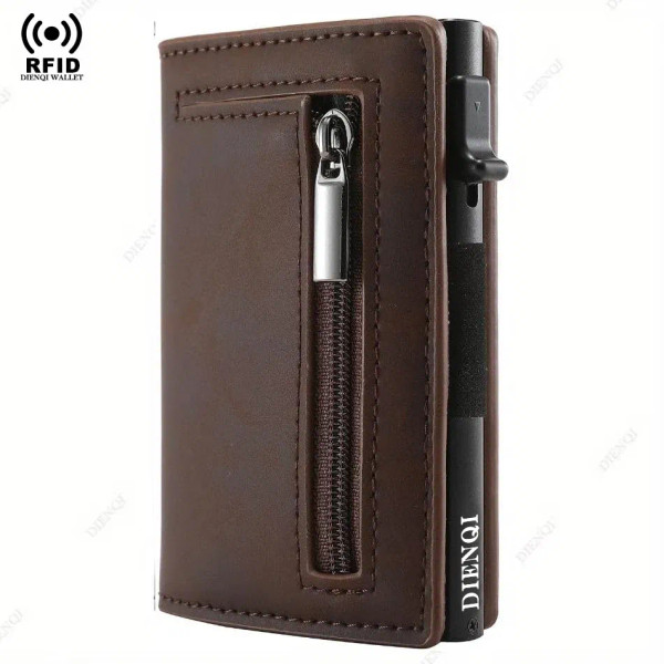 Color: Brown - Luxury RFID Blocking Card Holder Men Wallets Money Bag Metal Credit Cardholder Alumi F640-12000045898290247