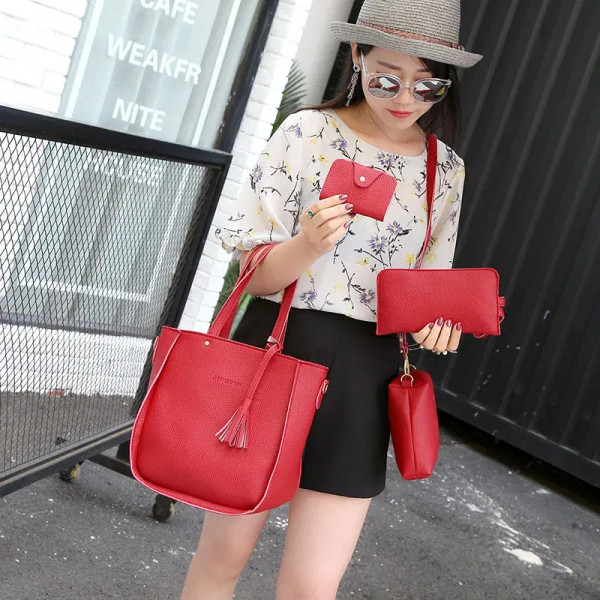 Color: Dark Red - 4pcs Elegant Minimalist Women'S Shoulder Bag, Handbag, Crossbody Bag, Women Stora F640-12000050752083049