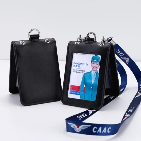 Color: Blue - NEW Aviation Flight Attendant Neck Lanyard Badge Holder Genuine Leather Staff Work Bu F640-12000034410921158
