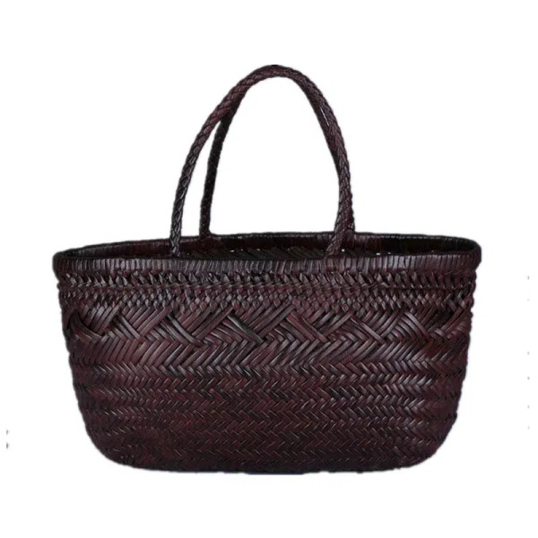Color: Beige - Designer woven totes bag women genuine leather cowskin knitting basket handbag femal F640-12000022445439375