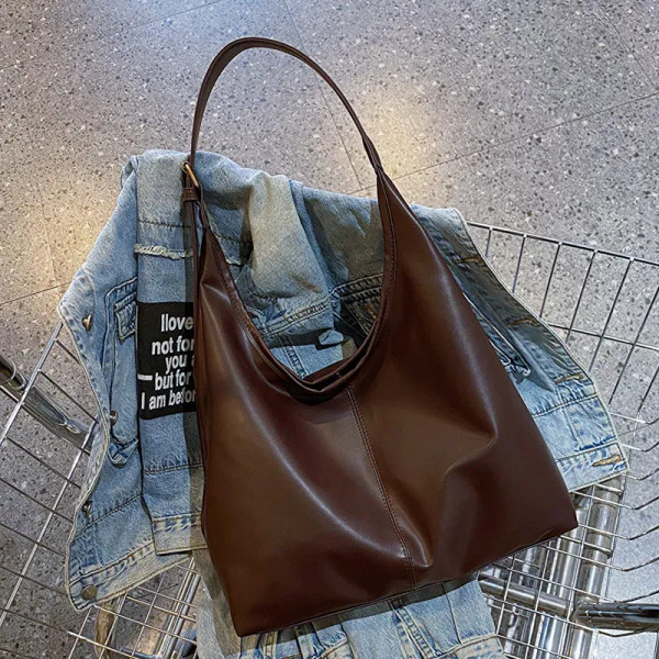 Color: Beige - Vintage Large Capacity Shoulder Bag for Women with Soft Solid Crossbody Bag Retro To F640-12000046478051146