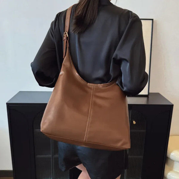 Color: Beige - Vintage Large Capacity Shoulder Bag for Women with Soft Solid Crossbody Bag Retro To F640-12000046478051146