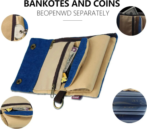 Color: Blue - Handmade Three Fold Fabric Wallet Women Men Simple Short Zipper Purses for Teens Pers F640-12000040347757132