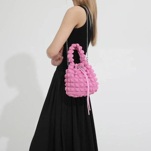 Color: Green - Pearl puff fashion pop bucket bag pleated lines dopamine color youth smell girlishne F640-12000038391256866