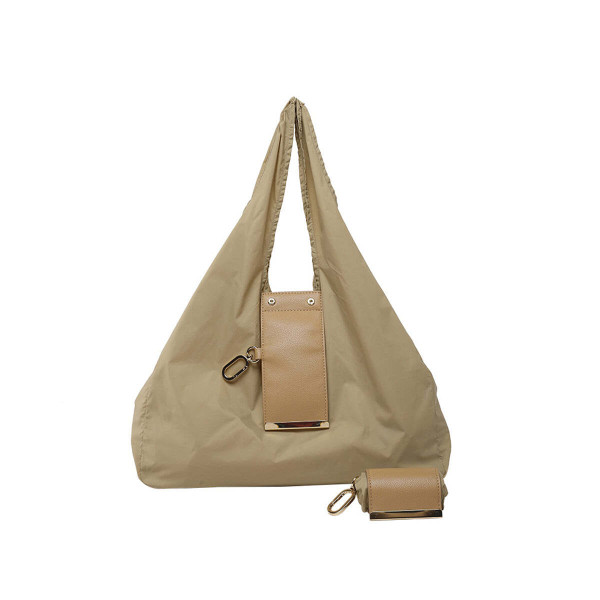 Color: BEIGE - Vintage Fold Nylon Tote with Keychain Charm Eco-Friendly Folding Shoulder Bag K290-52699257667857