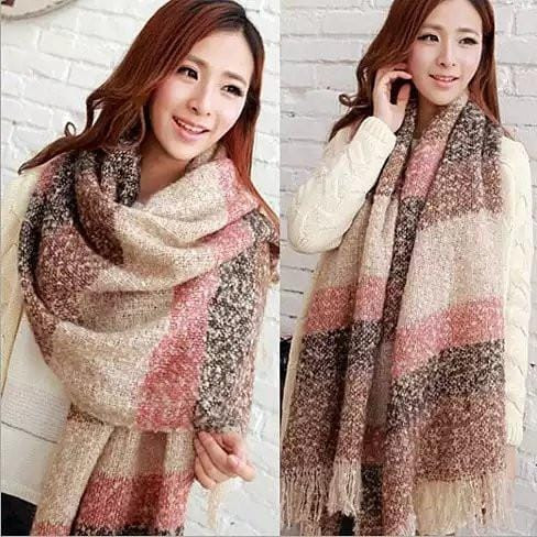Color: Burgundy - Navy - Wrap Me Softly Cotton Shawl With Fringe K290-9374993029