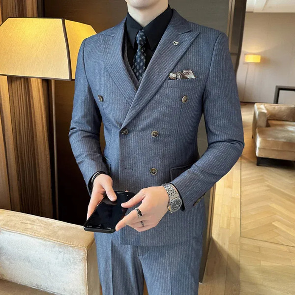 Color: SKY BLUE, Size: XXL - 2025 Men's Double Breasted 3/2 Piece Business Casual Wedding Dress Sui F640-12000039059458863