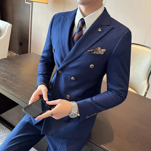 Color: black, Size: 5XL - 2025 Men's Double Breasted 3/2 Piece Business Casual Wedding Dress Suit w F640-12000039059458845