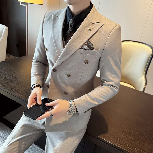 Color: black, Size: 5XL - 2025 Men's Double Breasted 3/2 Piece Business Casual Wedding Dress Suit w F640-12000039059458845