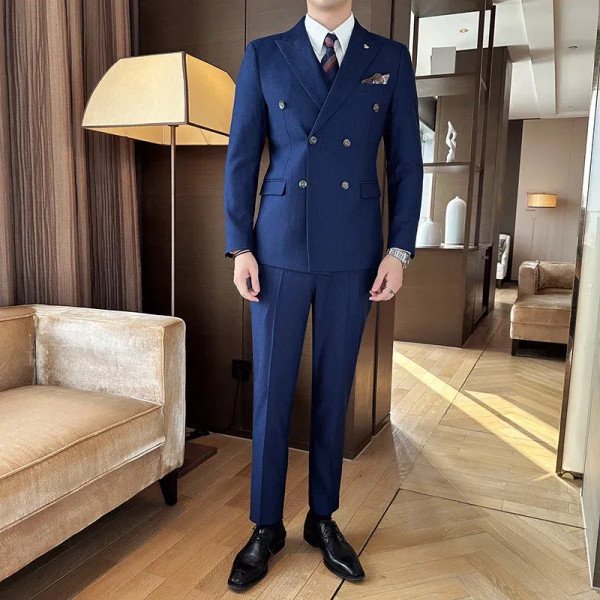 Color: black, Size: 5XL - 2025 Men's Double Breasted 3/2 Piece Business Casual Wedding Dress Suit w F640-12000039059458845