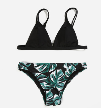 Color: Black, Size: M-2, style:  - Leaves printing triangle package double-sided swimsuit bikini Q119-CJNSSYTZ00199-Black-M-2