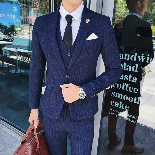 Color: CORAL RED, Size: XXL - Gray Men Classic Striped/Checked Suits, Business Office 3 Piece, Asia F640-12000042022812186