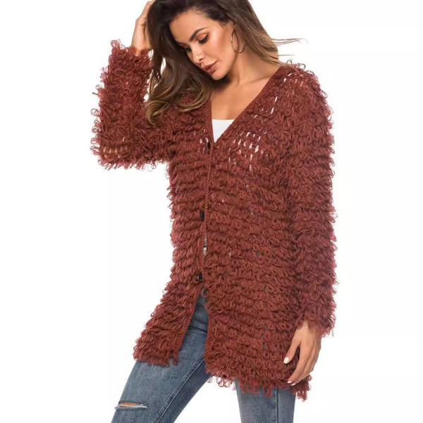 Womens CrochetTrim Knitted Sweater VNeck Cardigan MidiLength Knit Coat Q119-CJMY2756385