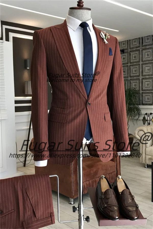 Color: Blue, Size: L - Wine Red Stripe Wedding Suits For Men Slim Fit Peak Lapel Groom Party Tuxedo F640-12000045442375089