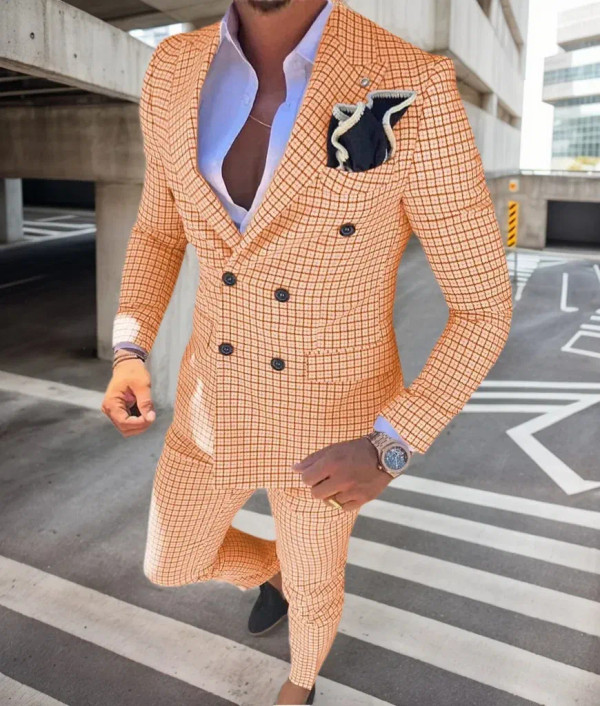 Color: Blue, Size: 5XL - High Quality 2024 Peak Lapel Men Suits One Button Groom's Wedding Suit Set F640-12000043088442135