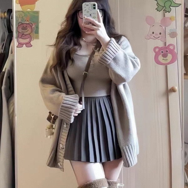 Color: Camel Cardigan Brown Skirt, Size: 3XL - Plus Size Women's Set Lazy Style Retro Knit Sweater Q119-CJLS262754612LO