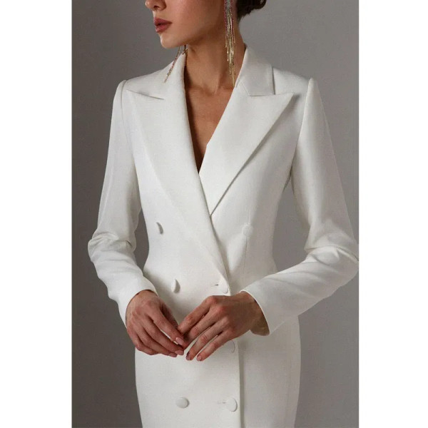 Color: Beige, Size: XXXL - Women's Suit Long Blazer Double Breasted Jacket White Tuxedo Party Point F640-12000034662156373