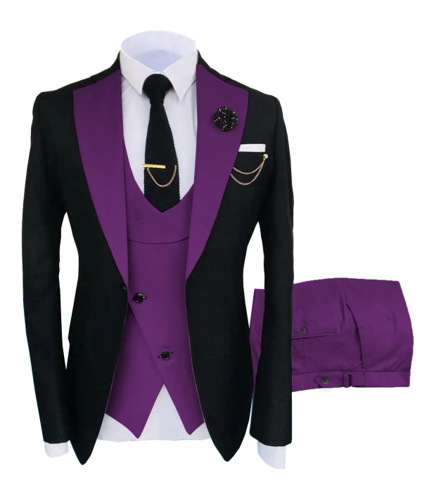 Color: PURPLE, Size: L - Mens Suit 3 Pieces Formal Fashion Solid Flat Color Tuxedos Jacket Wedding  F640-12000019731125955