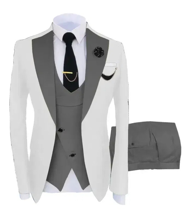 Color: GRAY, Size: XL - 3pcs Men Coat Business Formal Slim Fit Suit Costumes Pour Homme Set Party V F640-12000041239648766