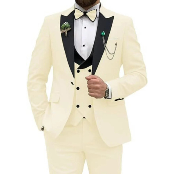 Color: Khaki, Size: XXL - Men Suit Colorful Luxury Blazer Vest And Pant Sets 3 Piece Birthday Dress F640-12000042434130531