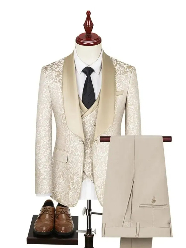 Color: Beige, Size: 5XL - New fashion jacquard beige suit slim single breasted elegant formal best  F640-12000041605017817