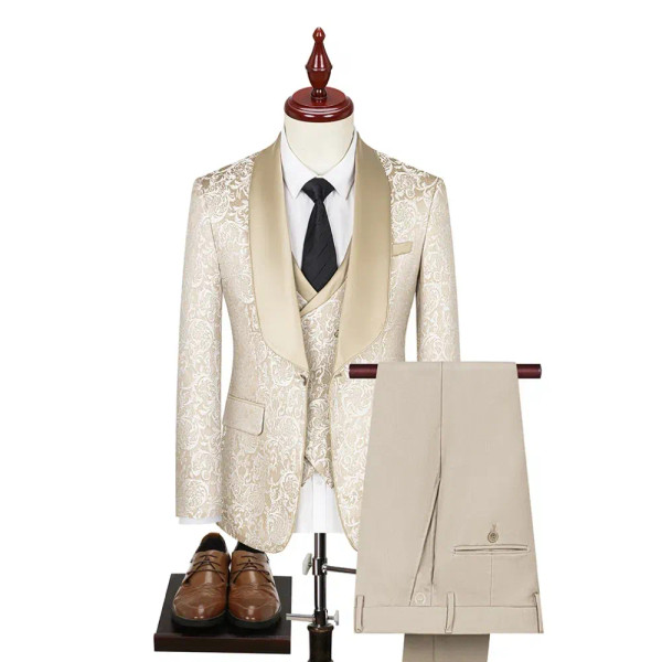 Color: Beige, Size: 5XL - New fashion jacquard beige suit slim single breasted elegant formal best  F640-12000041605017817