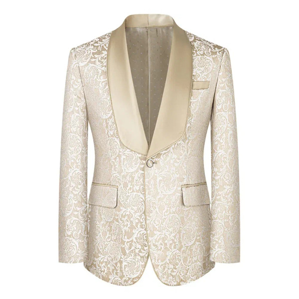 Color: Beige, Size: 5XL - New fashion jacquard beige suit slim single breasted elegant formal best  F640-12000041605017817