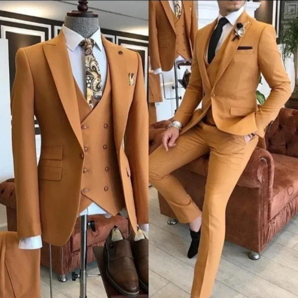 Color: Khaki, Size: 4XL, Ships From: CHINA - Groom Wear 3 Pieces Gray Men Suits 2021 Slim Fit Peak  F640-12000020352854210