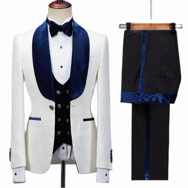Color: Blue, Size: L - Floral Jacket Men Suit Slim Fit Wedding Tuxedo Navy Blue Velvet Lapel Groom  F640-12000030133173001