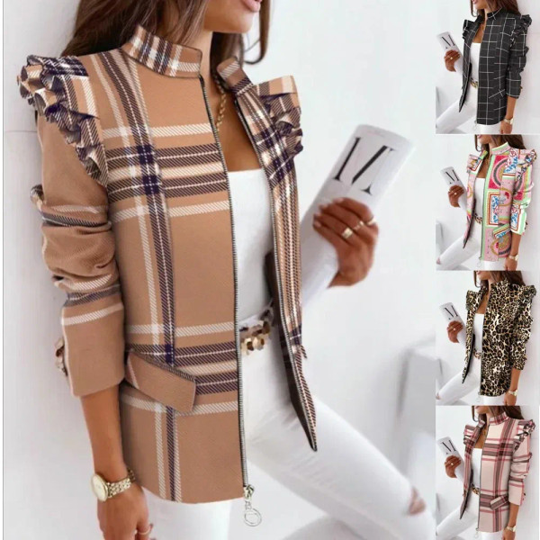Color: Yellow, Size: M - 2022 Autumn and Winter Ruffled Long-sleeved Zipper Print Small Suit Jacket F640-12000044114736033