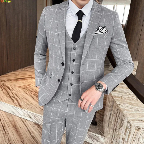 Color: Red, Size: XXXL - Gray Men Classic Striped/Checked Suits, Business Office 3 Piece, Asian Siz F640-12000042022812173