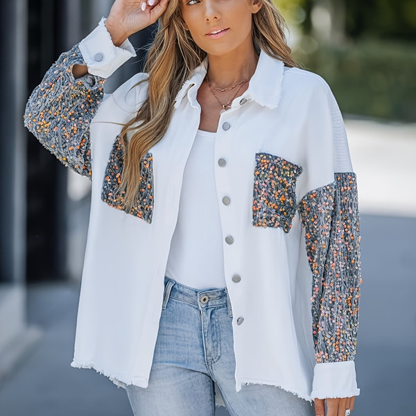 Color: White, Size: S - Women'S Long Sleeved Denim Jacket With Sequin Patchwork Q119-CJYD245906006FU