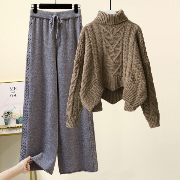Color: Khaki Gray, Size: M - Turtleneck Pullover Pullover Design Sensory Wide Leg Pants Suit Q119-CJMY238003058FU