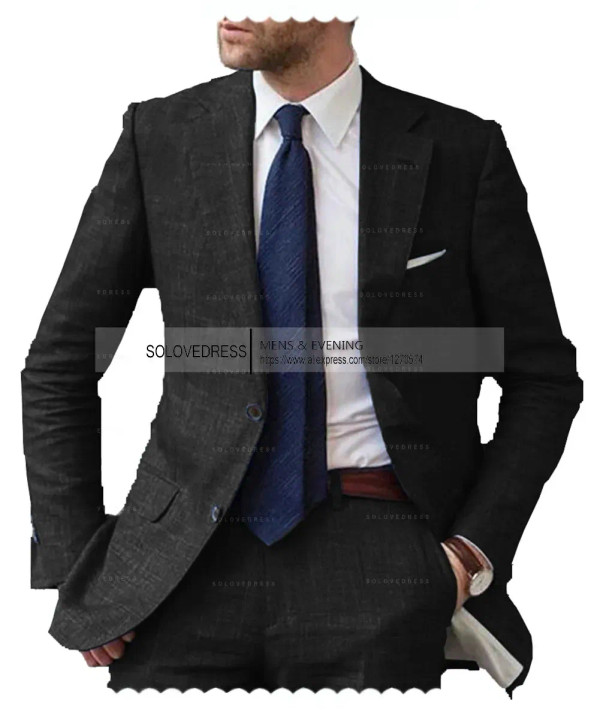 Color: Dark Grey, Size: XXXL - Men's 2-Piece Linen Suit Casual Slim Fit Vintage Suits Groomsmen Tux F640-12000030839552108