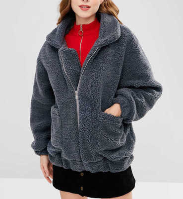 Color: Dark grey, Size: M - Lamb zipper coat Q119-CJNSWTQB00555-Dark grey-M