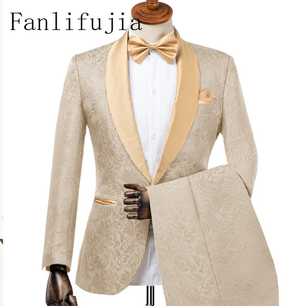 Color: Champagne, Size: M - Fanlifujia Mens Wedding Suits 2024 Italian Design Custom Made Champagne F640-12000042699810366