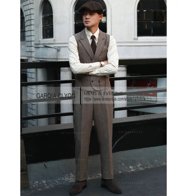 Color: Khaki, Size: XL - Tweed Herringbone 3 Pieces Herringbone Men's Business Suits Single Breaste F640-12000034820820685