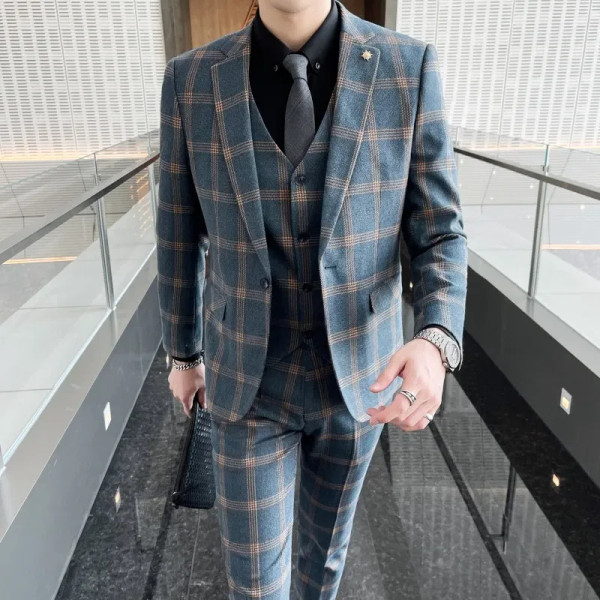 Color: Beige, Size: XXXL - High-quality British men's fashionable and stylish checkered casual suit F640-12000050901895637