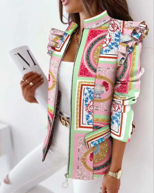 Color: green, Size: L - 2022 Autumn and Winter Ruffled Long-sleeved Zipper Print Small Suit Jacket  F640-12000044114526979