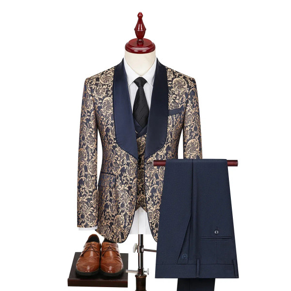 Color: Blue, Size: XXS - 2024 Plus-size Men's Jacquard Suit Wedding Dress Groom Suit Host Performan F640-12000047467283421