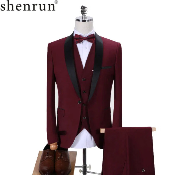 Color: black, Size: L - Shenrun Men Tuxedo Slim Fit Fashion Suit Wedding Shawl Lapel 3 Pieces Skinn F640-67393488658