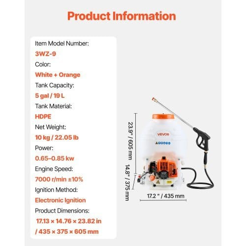 Gas Powered Backpack Sprayer, 26.5CC 0.9HP Engine, Garden Sprayer with 5 Gallon Tank, Large Area Co E415-PWKPWK5GAL00WMOWT001V0