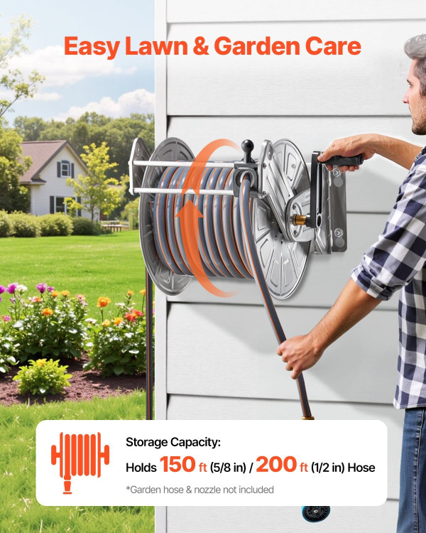Wall Mounted Garden Hose Reel, Holds 150 ft 5/8-inch Water Hose Winder, Heavy-Duty Stainless Steel, E415-GQSSGJP150FTSWGMJ002V0