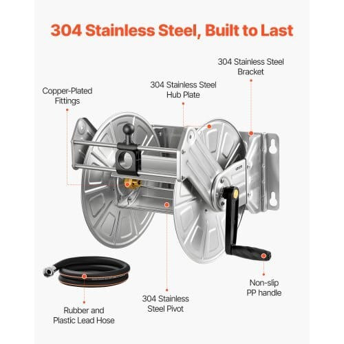 Wall Mounted Garden Hose Reel, Holds 150 ft 5/8-inch Water Hose Winder, Heavy-Duty Stainless Steel, E415-GQSSGJP150FTSWGMJ002V0