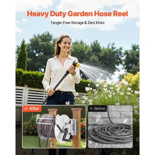 Wall Mounted Garden Hose Reel, Holds 150 ft 5/8-inch Water Hose Winder, Heavy-Duty Stainless Steel, E415-GQSSGJP150FTSWGMJ002V0