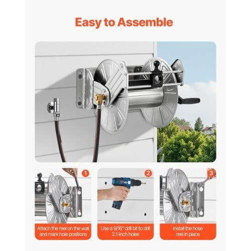 Wall Mounted Garden Hose Reel, Holds 150 ft 5/8-inch Water Hose Winder, Heavy-Duty Stainless Steel, E415-GQSSGJP150FTSWGMJ002V0