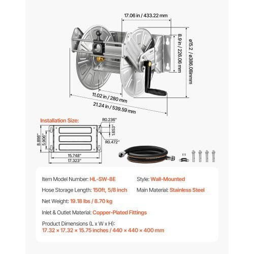 Wall Mounted Garden Hose Reel, Holds 150 ft 5/8-inch Water Hose Winder, Heavy-Duty Stainless Steel, E415-GQSSGJP150FTSWGMJ002V0