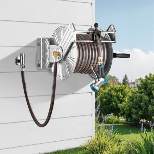 Wall Mounted Garden Hose Reel, Holds 150 ft 5/8-inch Water Hose Winder, Heavy-Duty Stainless Steel, E415-GQSSGJP150FTSWGMJ002V0