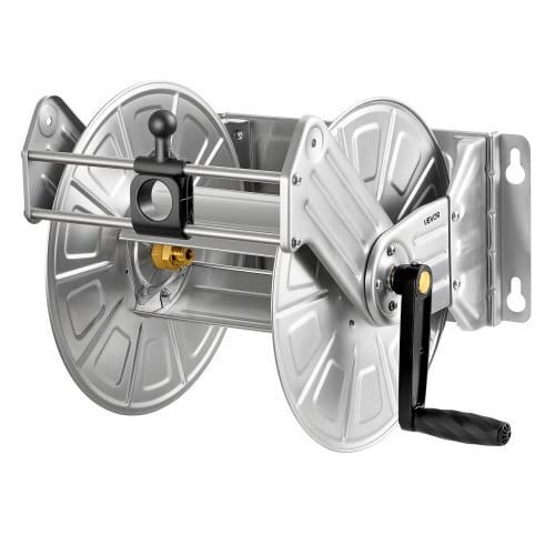 Wall Mounted Garden Hose Reel, Holds 150 ft 5/8-inch Water Hose Winder, Heavy-Duty Stainless Steel, E415-GQSSGJP150FTSWGMJ002V0
