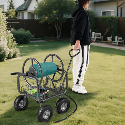 Garden Hose Reel Cart 300 Feet Large Capacity with 4 Wheels and Storage Basket-Gray B593-GT4302